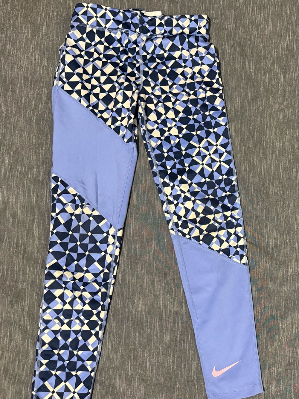 Nike Girls' Blue Geometric Panel Leggings with Pink Swoosh